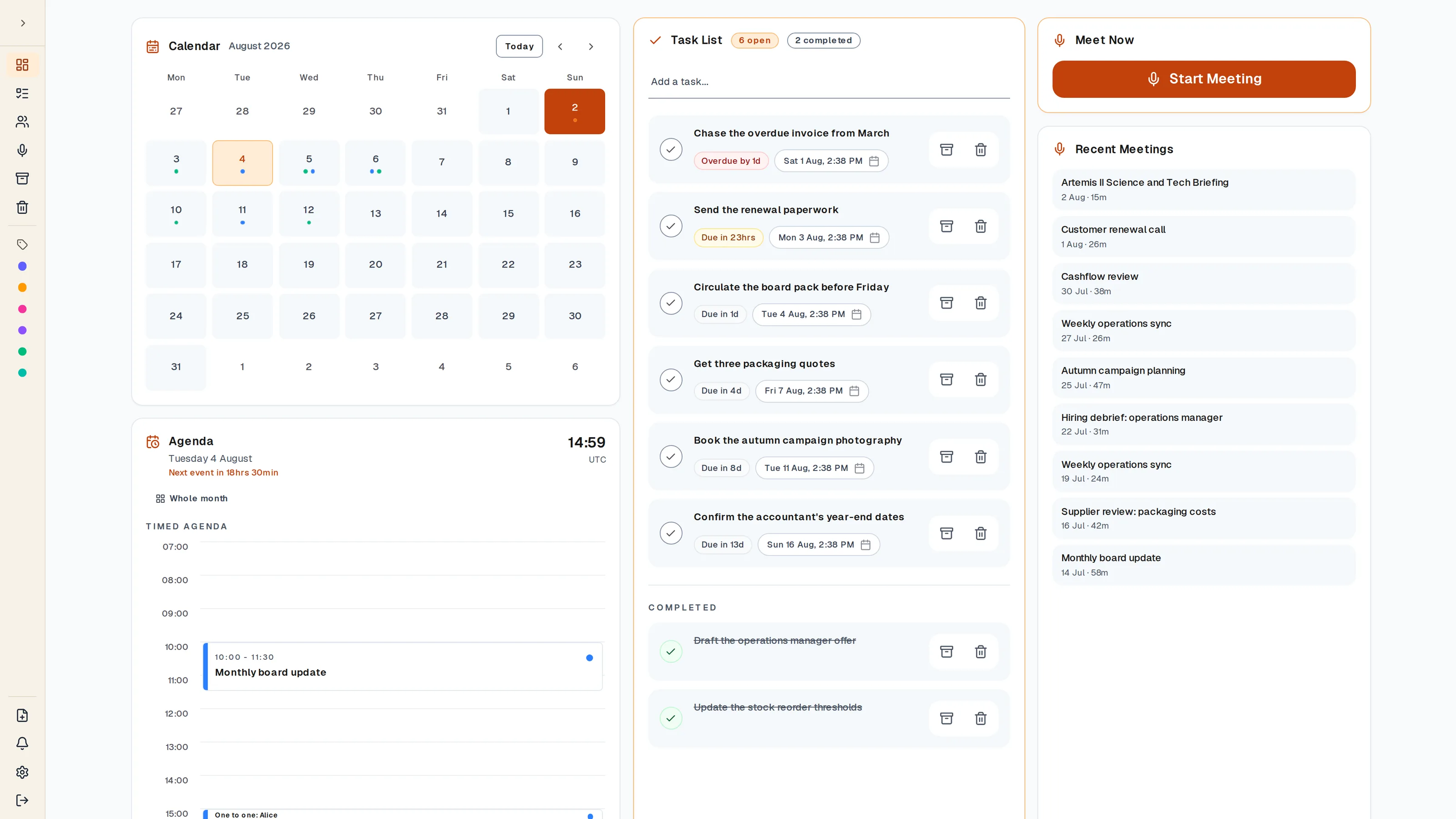 The Nojoin dashboard: recordings, upcoming meetings and search