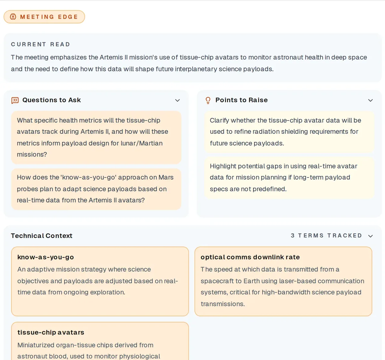 The Meeting Edge panel during a live call: a running summary, questions worth asking, points to raise, and definitions for the terms being used