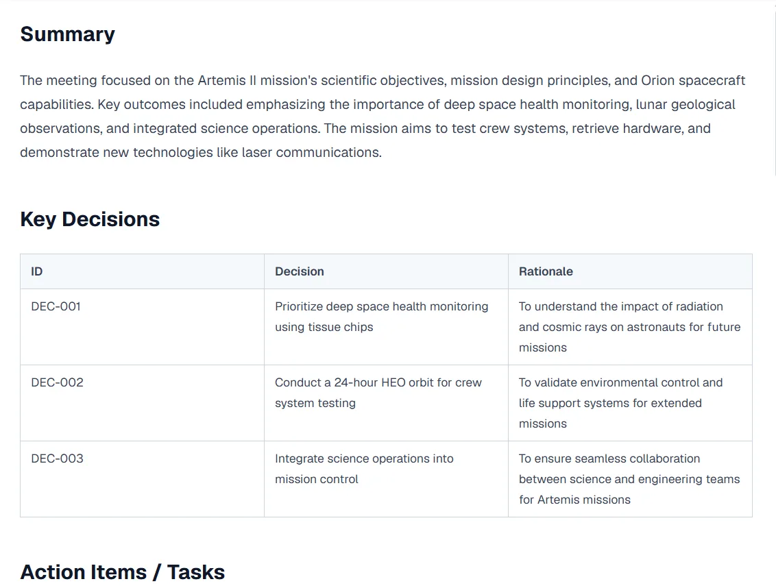 Generated meeting notes: a summary paragraph, then a Key Decisions table listing each decision against its rationale